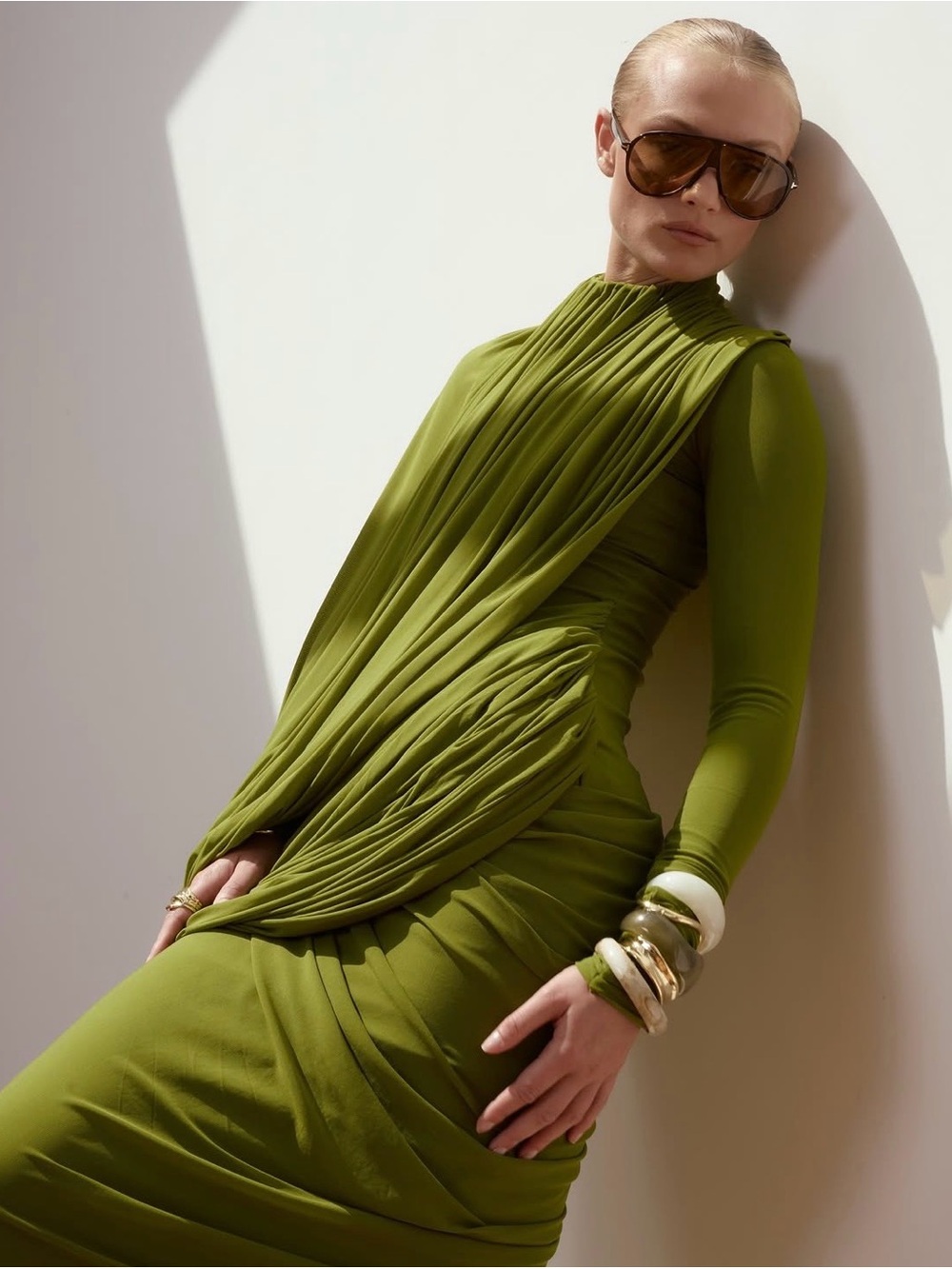 Elegant Olive-Green Long Sleeve Draped Evening Dress Nwt Size Xs — image 3 of 7